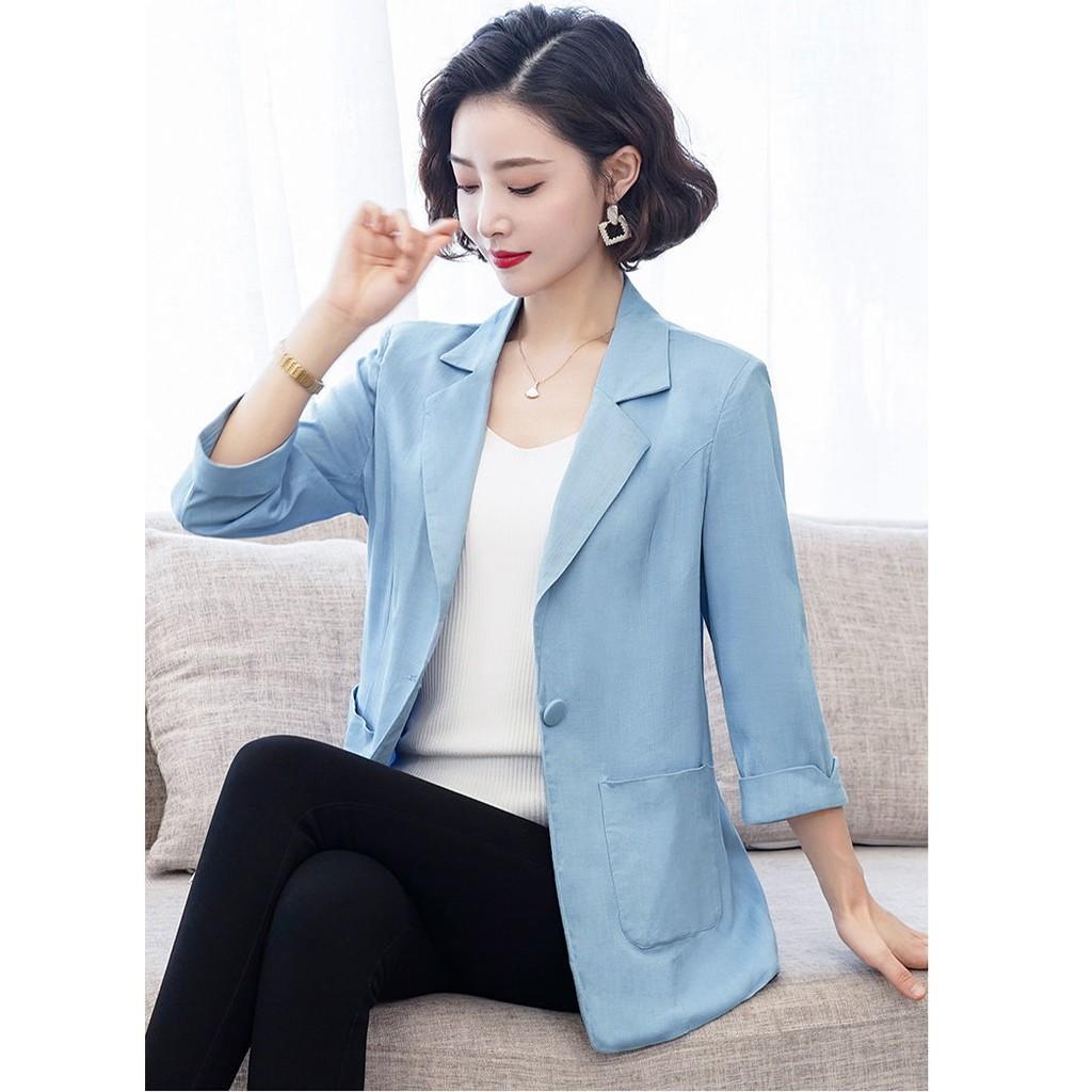 Áo vest blazer nữ Linen demi tay lỡ trẻ trung, thời trang hè thu 2021