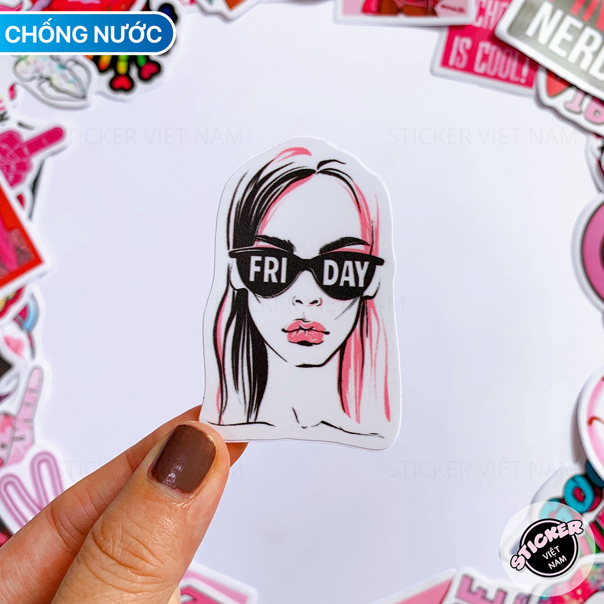 Sticker Màu Hồng Siêu Ngầu Swag Pink - Chất Liệu PVC Chất Lượng Cao Chống Nước - Kích Thước 4-8cm
