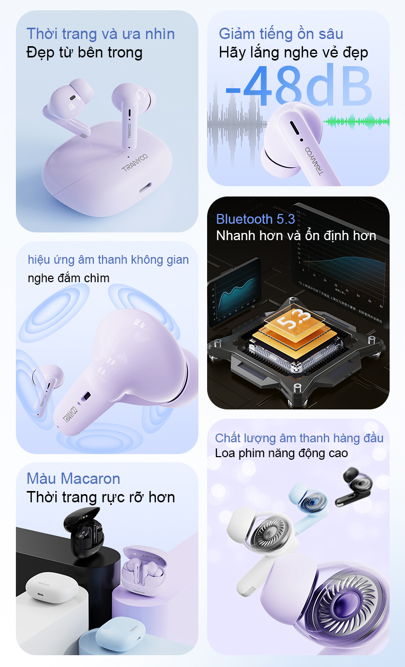 Tai nghe Bluetooth 5.3 TRANYOO T-M26, khử tiếng ồn thông minh, thiết kế đẹp, sang trọng, pin trâu - Hàng chính hãng