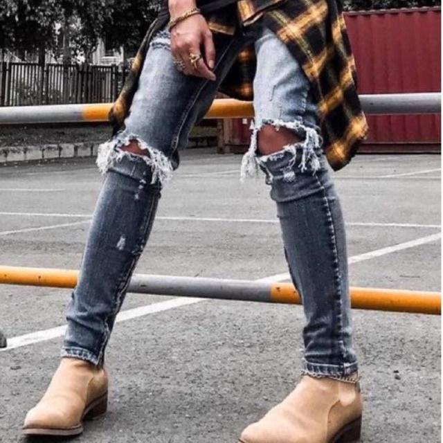 Quần Jean Nam TLB Xanh Blue Rách Gối Gắn Zipper YKK Khoá Kéo Ống Wash Màu Cực Đẹp