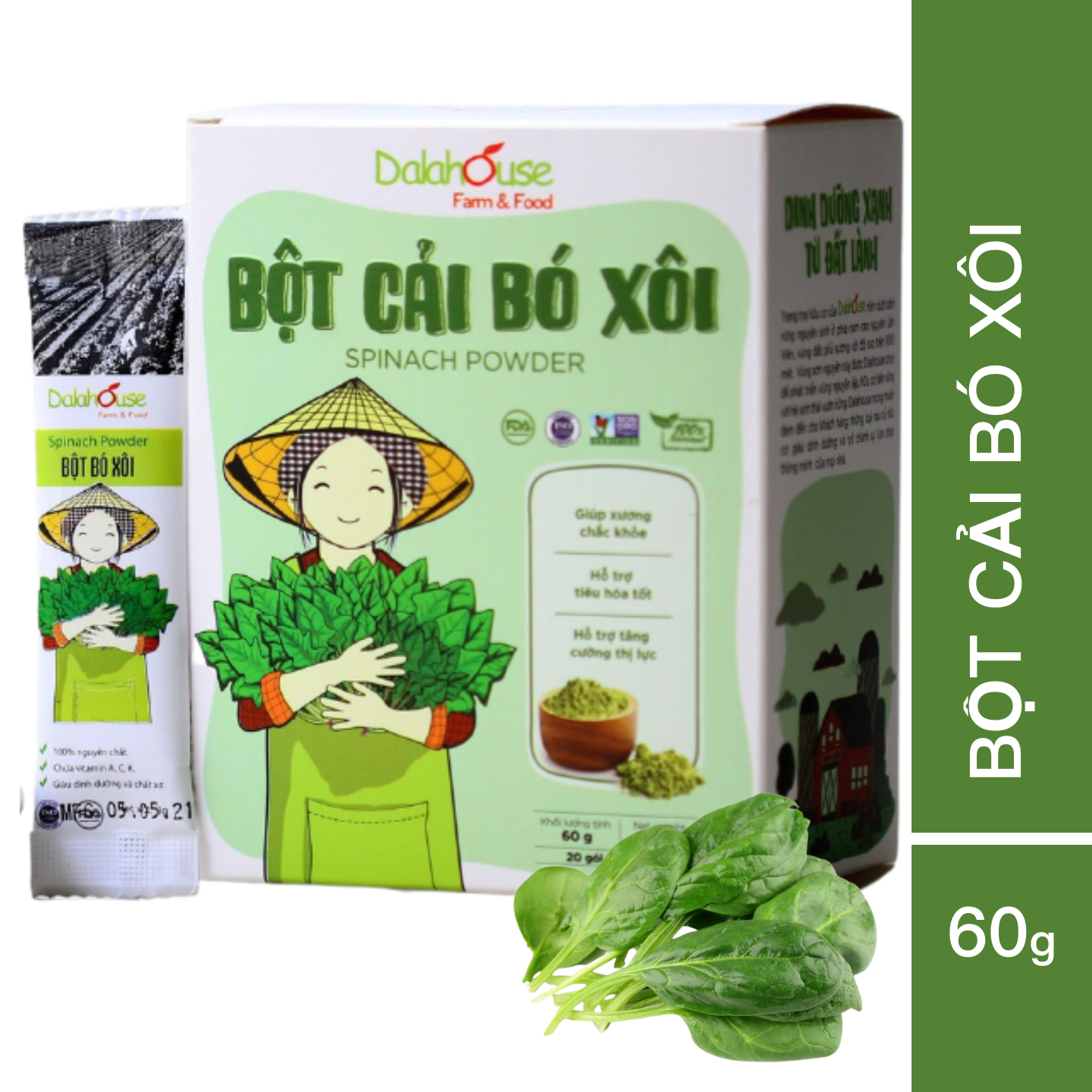 Bột cải bó xôi Dalahouse 60gr - Hữu cơ nguyên chất sấy lạnh - Đạt tiêu chuẩn Châu Âu