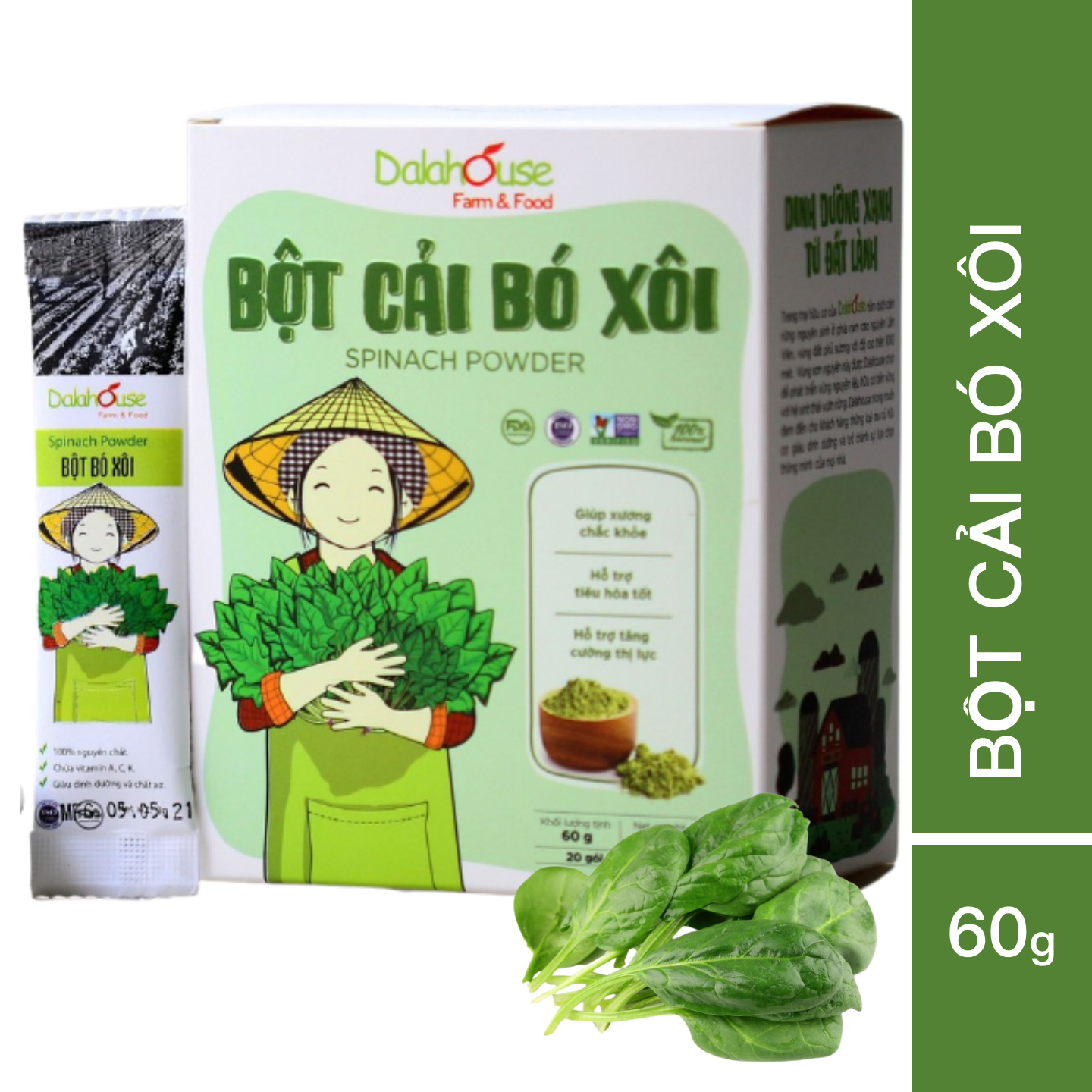 Bột cải bó xôi Dalahouse 60gr (mẫu mới gồm 20 tuýp tiện dụng)- Hữu cơ nguyên chất sấy lạnh - Đạt tiêu chuẩn Châu Âu