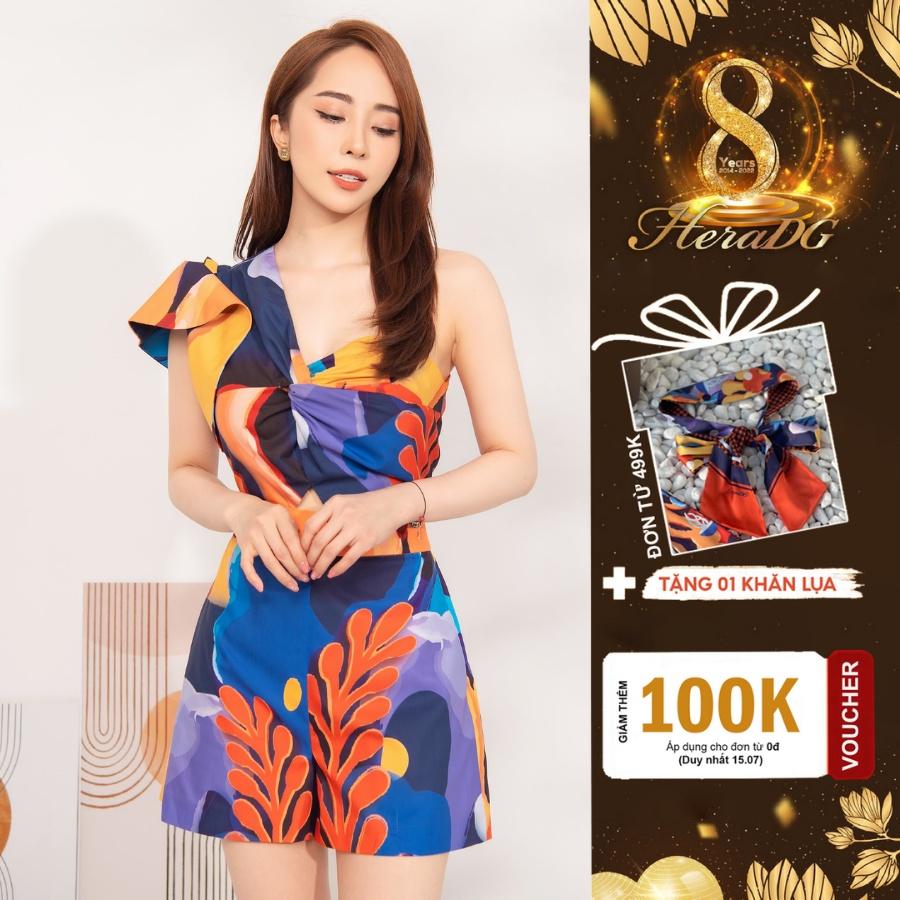 Jumpsuit nữ thiết kế xoắn ngực bèo lệch vai BST &quot;Touch of the sea&quot; của HeraDG, họa tiết độc quyền SJSBB3004