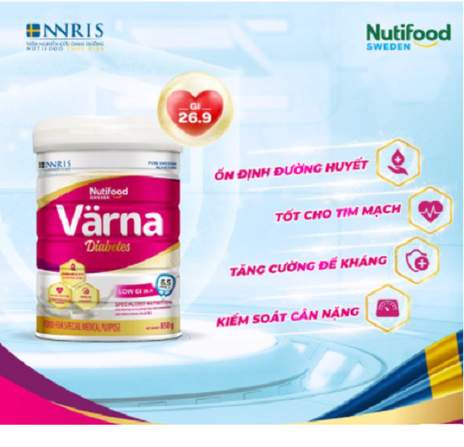 Sữa Bột Värna Diabetes Lon 850g của Nutifood Thụy Điển - Dành cho người tiểu đường. Tặng kèm khăn mặt bông mềm mịn.