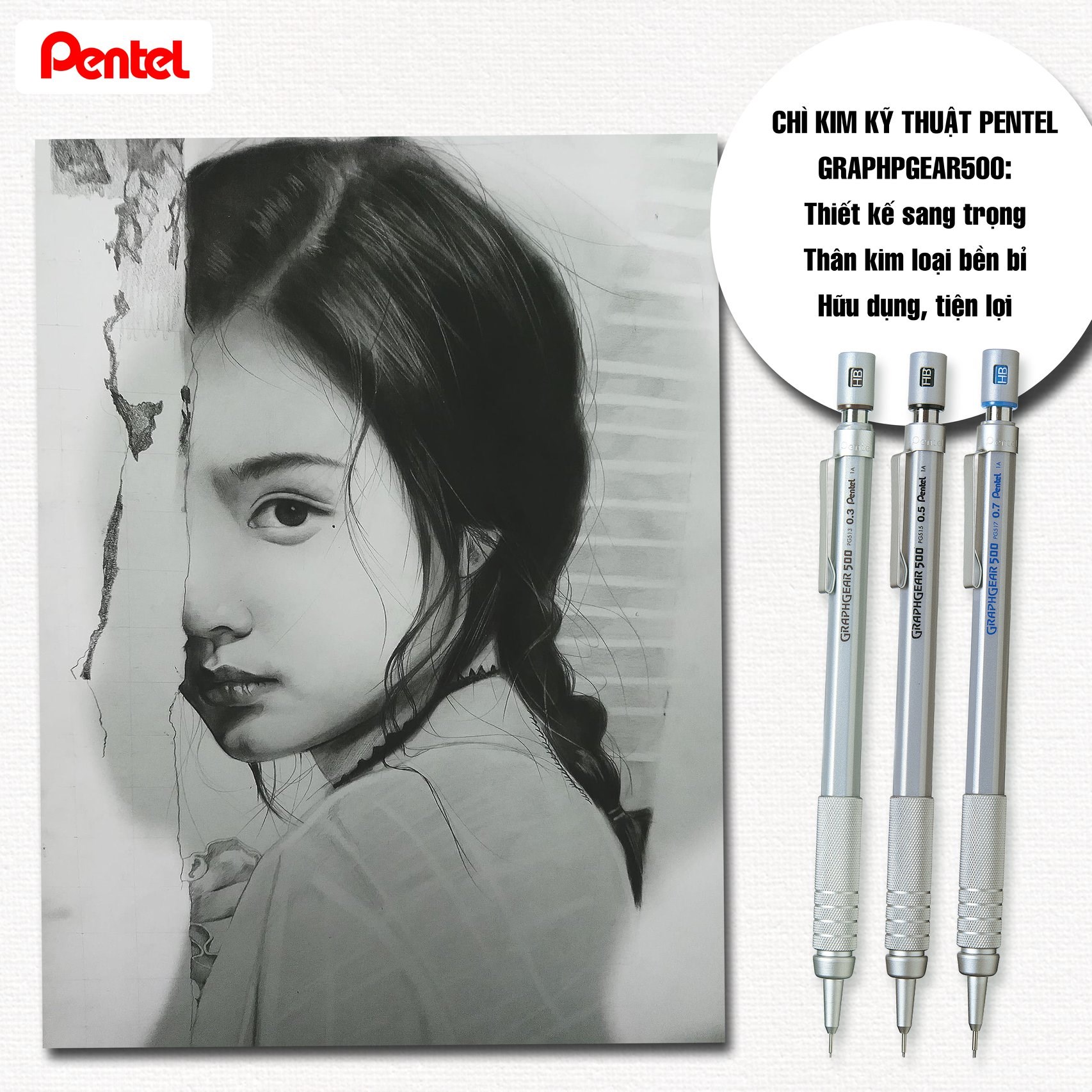 Bút Chì Kim Kỹ Thuật Cao Cấp Pentel Graphgear 500 Loại 0.3/0.5/0.7mm Vẽ Phác Thảo, Vẽ Kiến Trúc - PG513, PG515, PG517