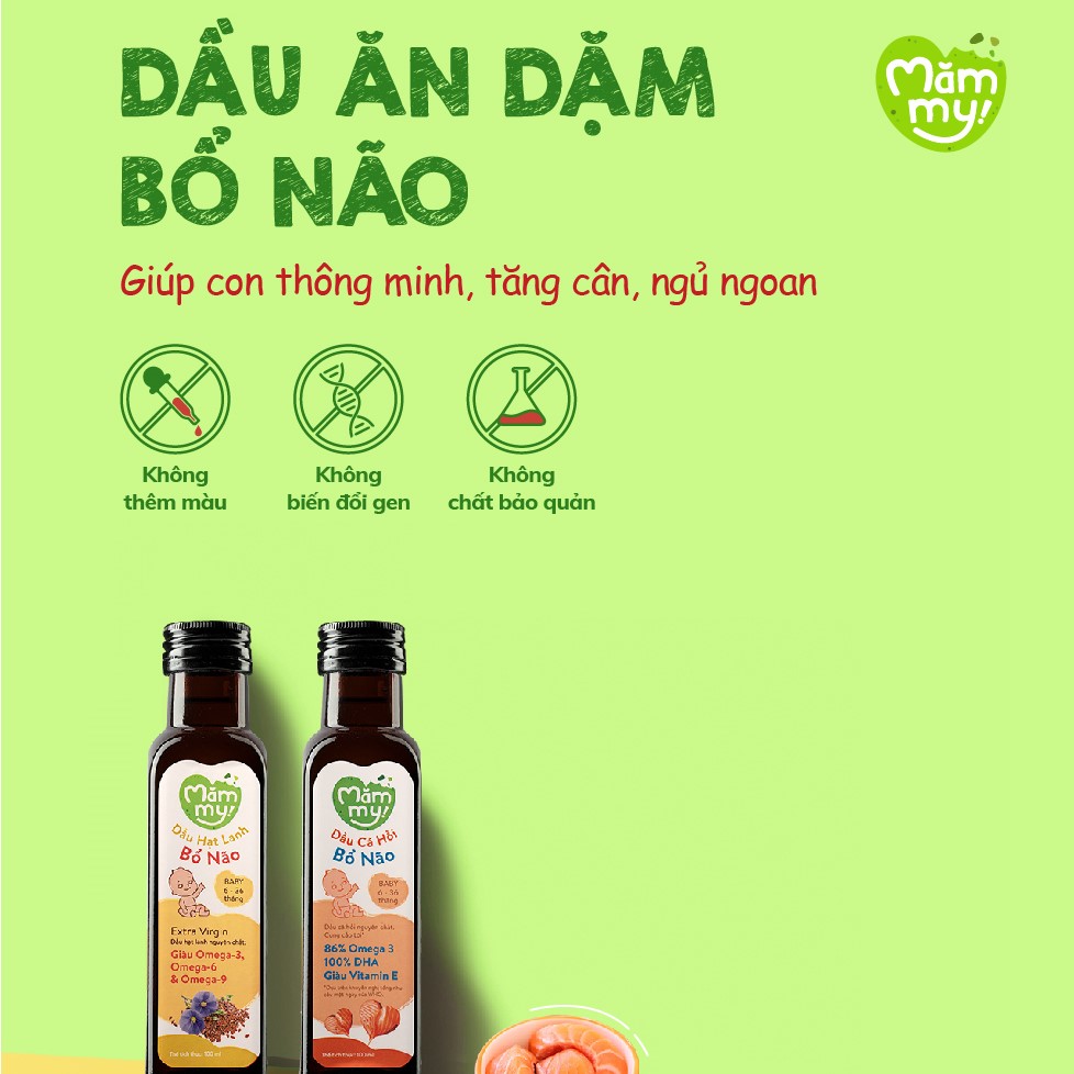 Combo 2 dầu cá hồi, 1 dầu hạt lanh ăn dặm bổ não Mămmy giàu DHA,Omega-3 cho bé từ 6 tháng (100ml/chai)