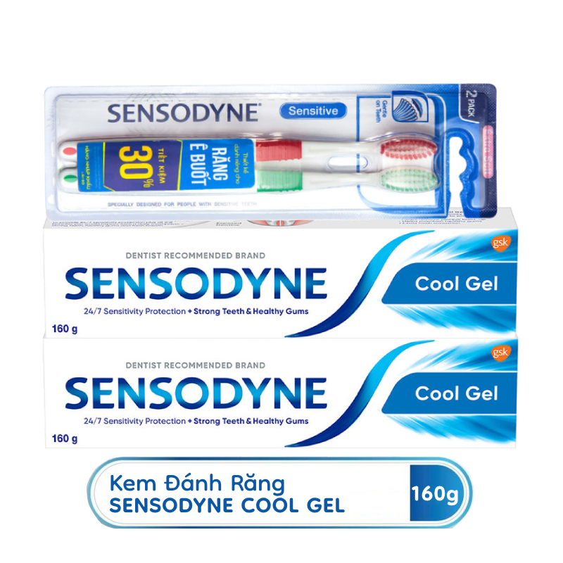 Bộ 2 Kem Đánh Răng Sensodyne Cool Gel 160g/tuýp + Vỉ 2 Bàn Chải Sensodyne Sensitive Extra Soft