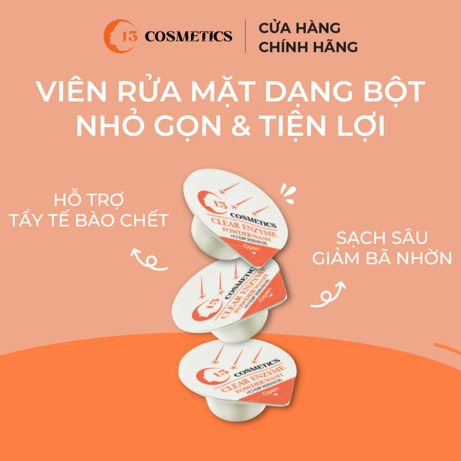 Túi 10 Viên Rửa Mặt Dạng Bột Ngừa Mụn, Tẩy Tế Bào Chết Công Nghệ Enzyme Thực Vật C13 Cosmetics Clear Enzyme Powder Wash