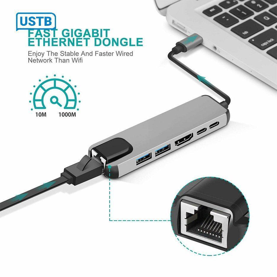 Bộ chuyển đổi nguồn 5/6 trong 1 USB type C Hdmi 4K USB 3.0 PD sang Ethernet Rj45 Lan