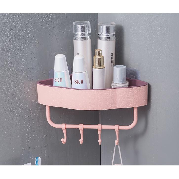 KỆ GÓC TAM GIÁC ĐỰNG ĐỒ NHÀ TẮM NHÀ BẾP KÈM 4 MÓC TREO CÓ LỖ THOÁT NƯỚC TIỆN DỤNG
