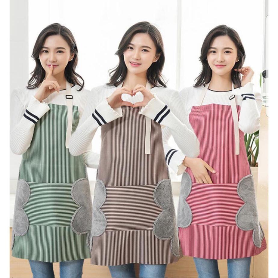 Tạp dề kẻ hoa có khăn lau tay bên hông, tạp dề chống thấm nước -