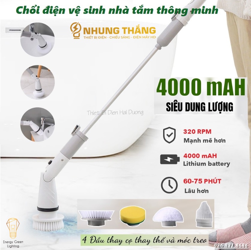 Máy Cọ Chà Sàn Vệ Sinh Tự Động MA-8825 - Pin 4000mah -  Bàn Chải Làm Sạch Vệ Sinh, Nhà Tắm Không Dây Với 4 Đầu Thay Thế - Có Video