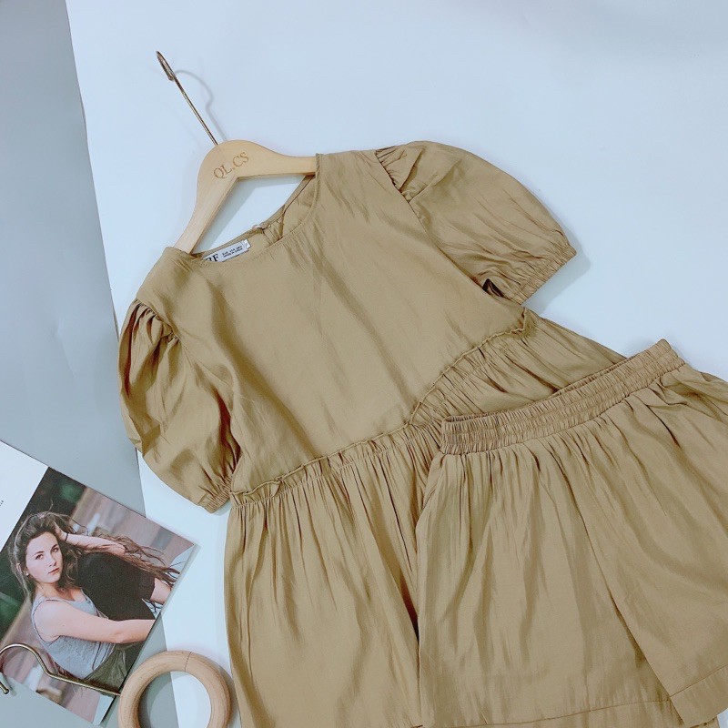 Bộ đũi tơ viền bèo babydoll xanh cho nữ SETN374