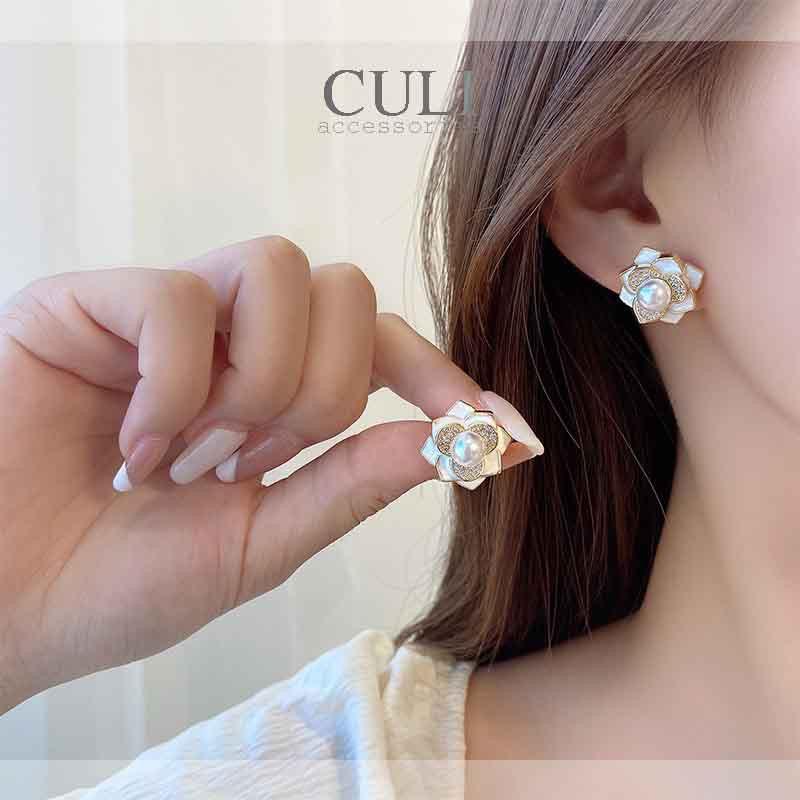 Khuyên tai bạc nữ S925, hình hoa hồng kết hạt trai sang trọng HT649 - Culi accessories