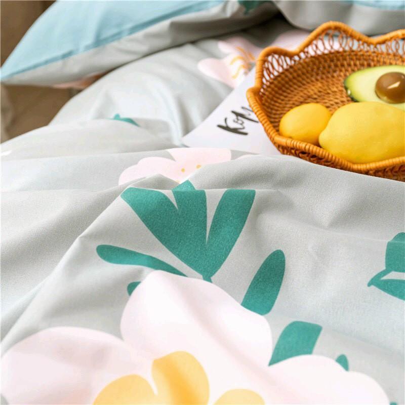 Bộ chăn ga Cotton Poly M2T bedding chăn ga Hàn Quốc Hoa trắng bạc đủ size miễn phí bo chun