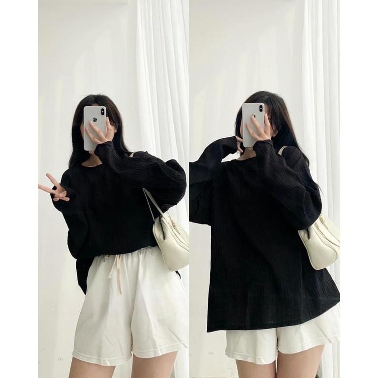 Áo Thun Gân Nữ Cổ Tròn Dáng Suông Dài Tay