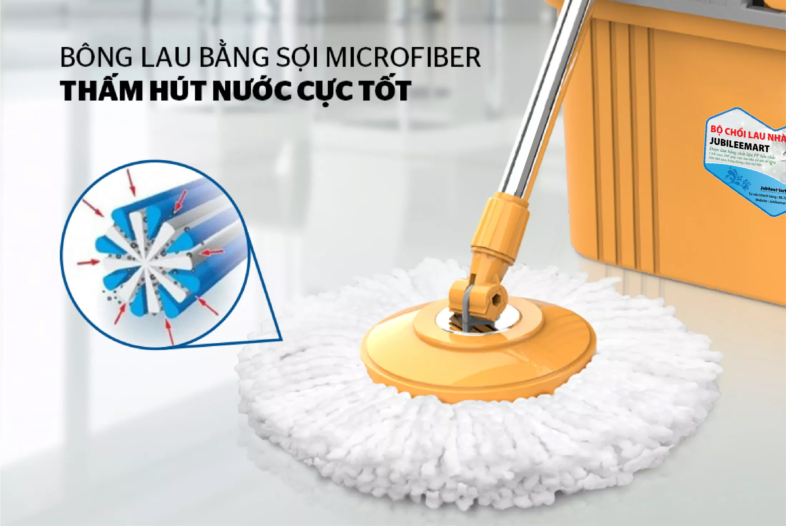 Chổi Lau Nhà Thông Minh 360 Độ (Vàng) Tách Nước Bẩn, Lau Sạch Khô Nhanh, Cán và Mâm Inox Chắc Chắn