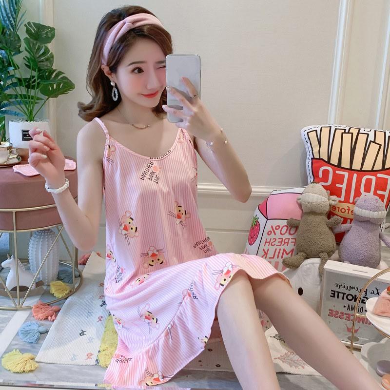 Đầm ngủ hai dây dáng rộng họa tiết in xinh xắn mùa hè cho nữ