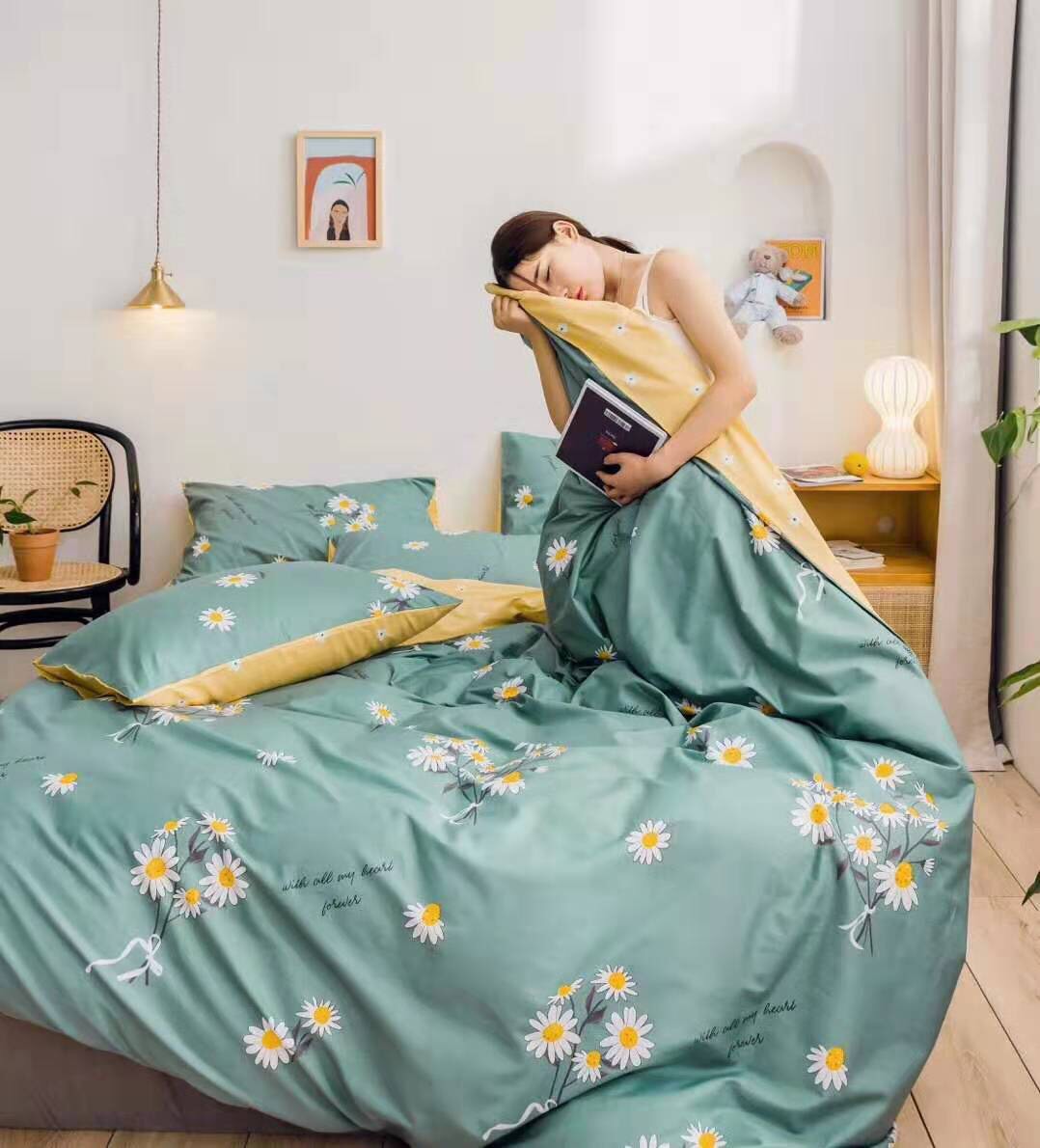Bộ Chăn Chần Ga Gối Cotton LIDACO SP000882 - Cúc Nhí Xanh
