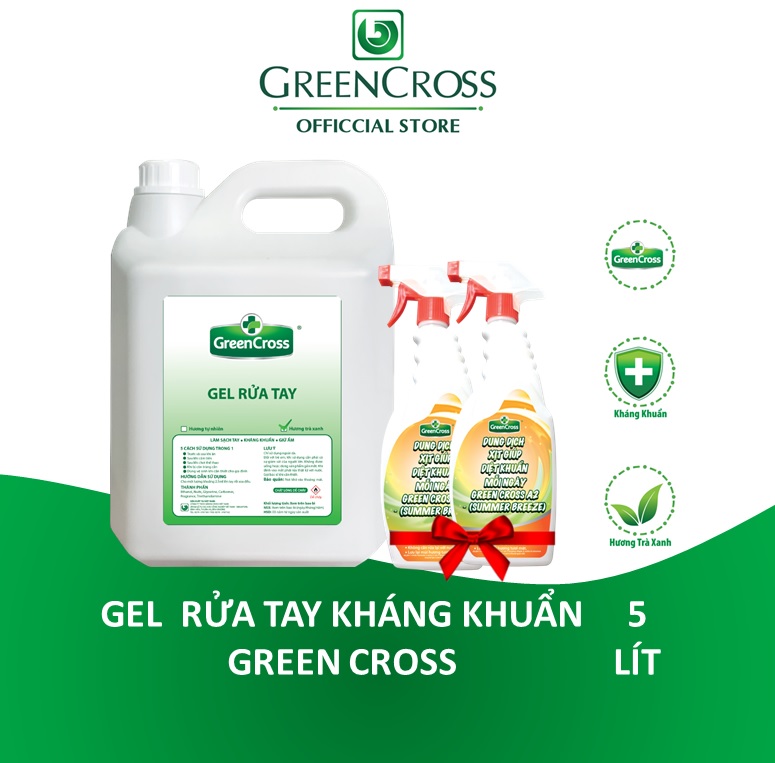 GEL RỬA TAY KHÁNG KHUẨN GREEN CROSS - CAN 5L Tặng thêm 1 Chai xịt khuẩn Green Cross A2 500ml