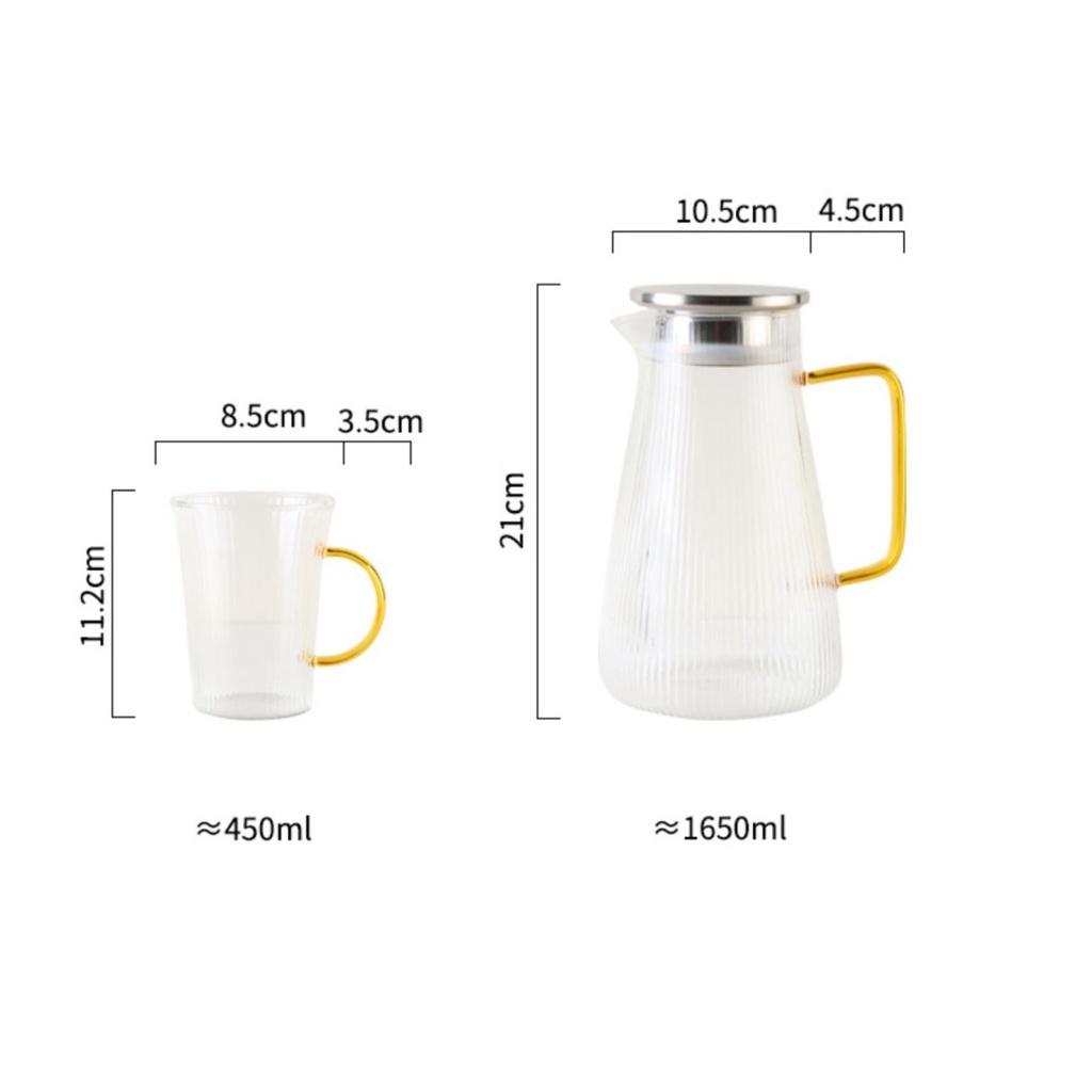 Bộ bình cốc vân sọc quai vuông kèm giá úp và khay, bộ bình ly thủy tinh chịu nhiệt không chì phong cách Bắc Âu