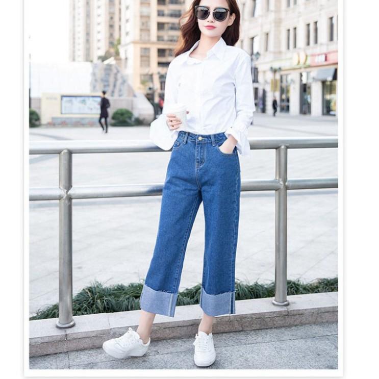 Quần Jeans Ống Rộng QJ005 / Ống Suông Lưng Cao Qua Rốn BigSize - Không Giãn - Lật Lai