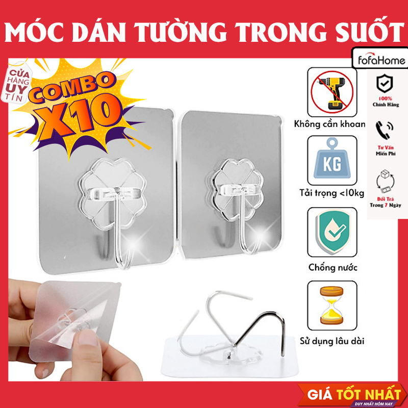 Combo 10 Móc Dán Tường Chịu Lực Dán Tường Treo Nhà Tắm Nhà Bếp Siêu Dính Trong Suốt