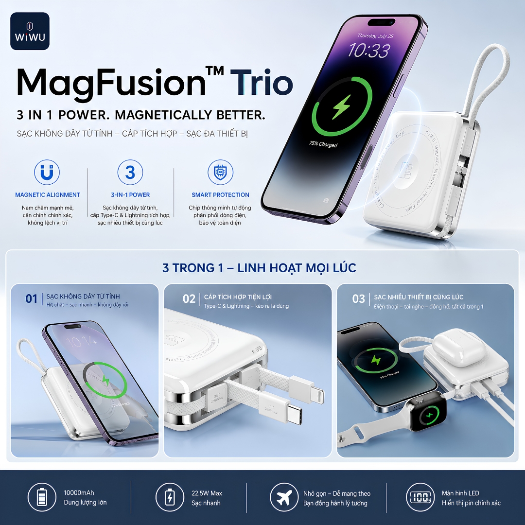 Pin sạc dự phòng sạc không dây từ tính 3in1 MagFusion Trio 10000Mah, kèm dây sạc Type-C + L(iP/iPad) WIWU XF17 cho iPhone iPad Apple watch Airpods - Sạc Magnetic 15W | PD20W | Cáp Type-C + L(iP/iPad) Tích Hợp | LED % Pin - Hàng nhập khẩu