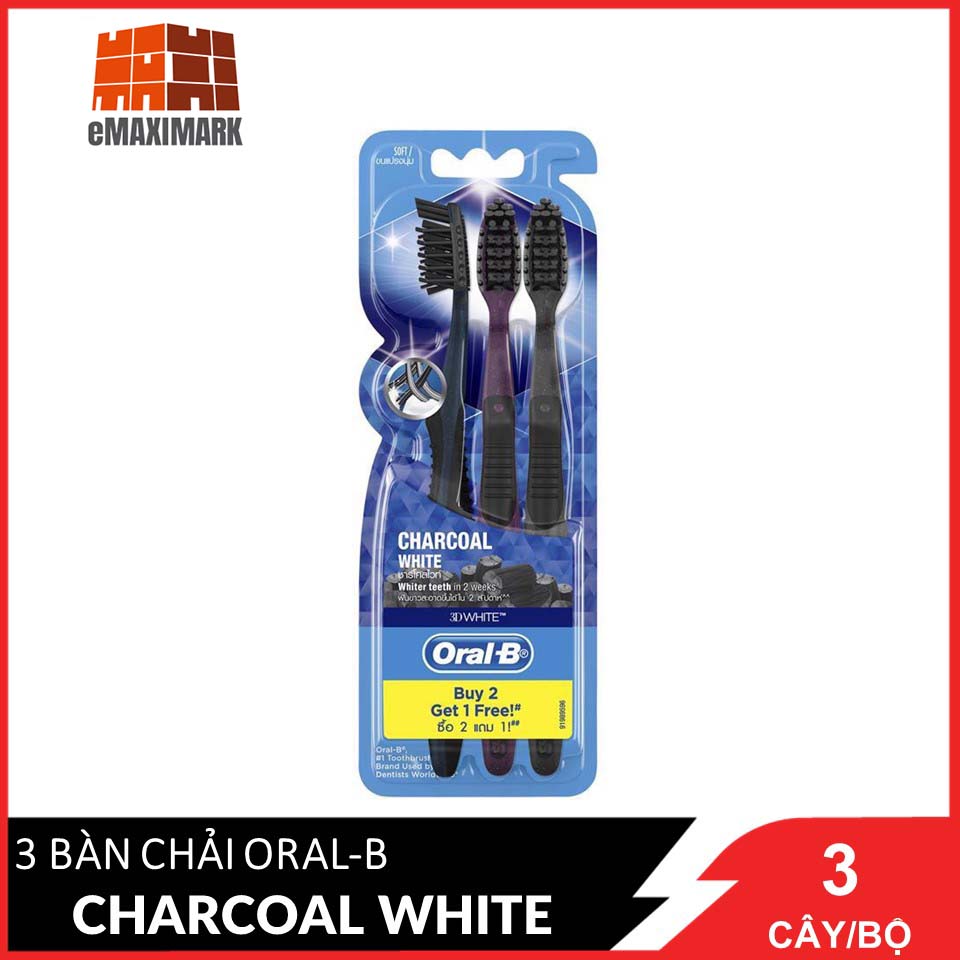 Bàn chải Oral B Charcoal White Lông mềm Vỉ 3 cây [made in Ireland]