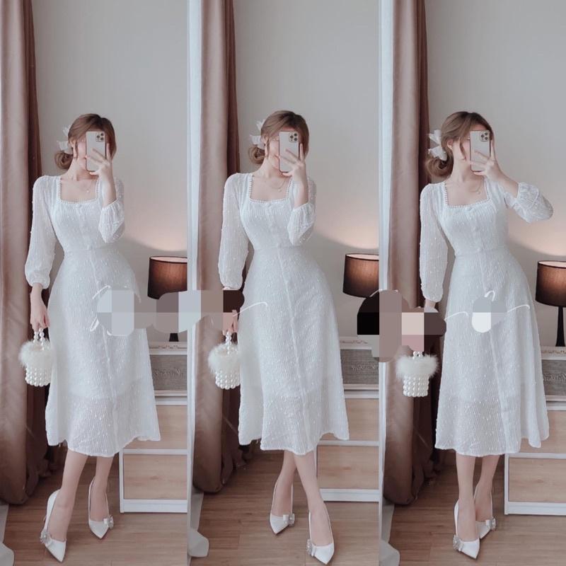 Váy trắng tay lửng cổ vuông