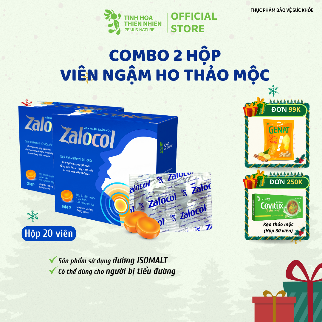 Combo 2 hộp viên ngậm Ho thảo mộc Zalocol Hỗ trợ giảm đờm, đau rát họng, khản tiếng do viêm họng, viêm phế quản - Genat