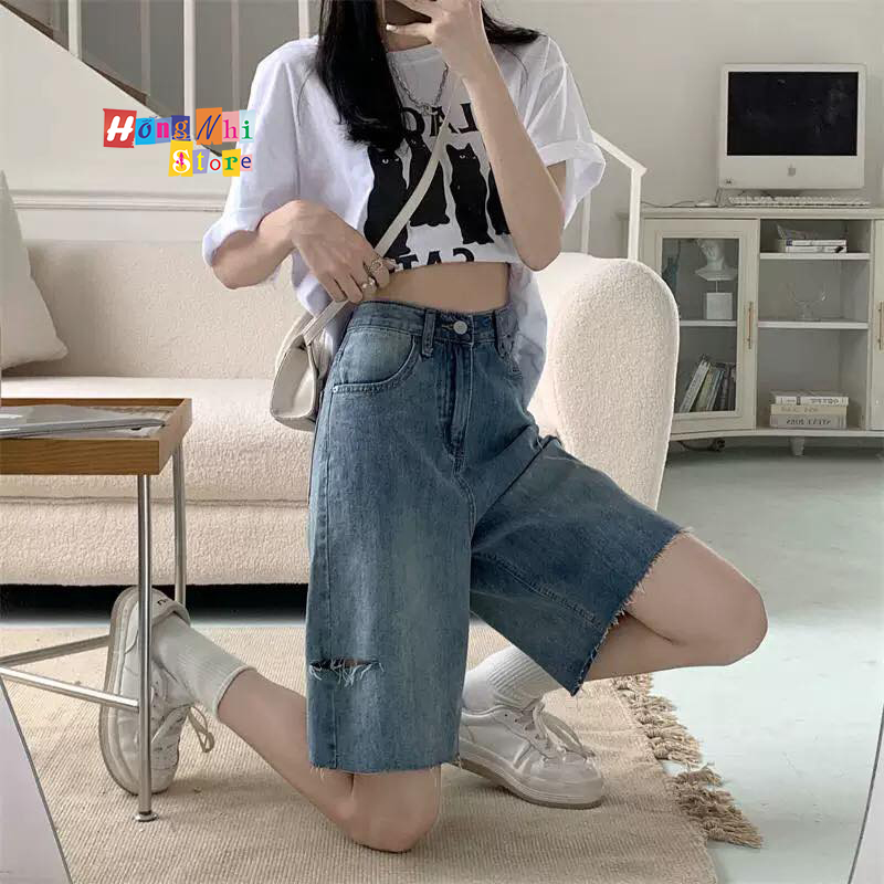 Quần Short Jean Ngố Đùi Rách Gối Cạp Cao Ống Rộng Ulzzang - MM