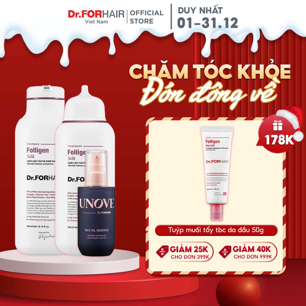 Combo gội xả dưỡng phục hồi tóc hư tổn khô xơ uốn nhuộm Dr.FORHAIR Folligen Silk Shampoo 300ml x Folligen Silk Treatment 300ml x Unove Silk Oil Essence 70ml