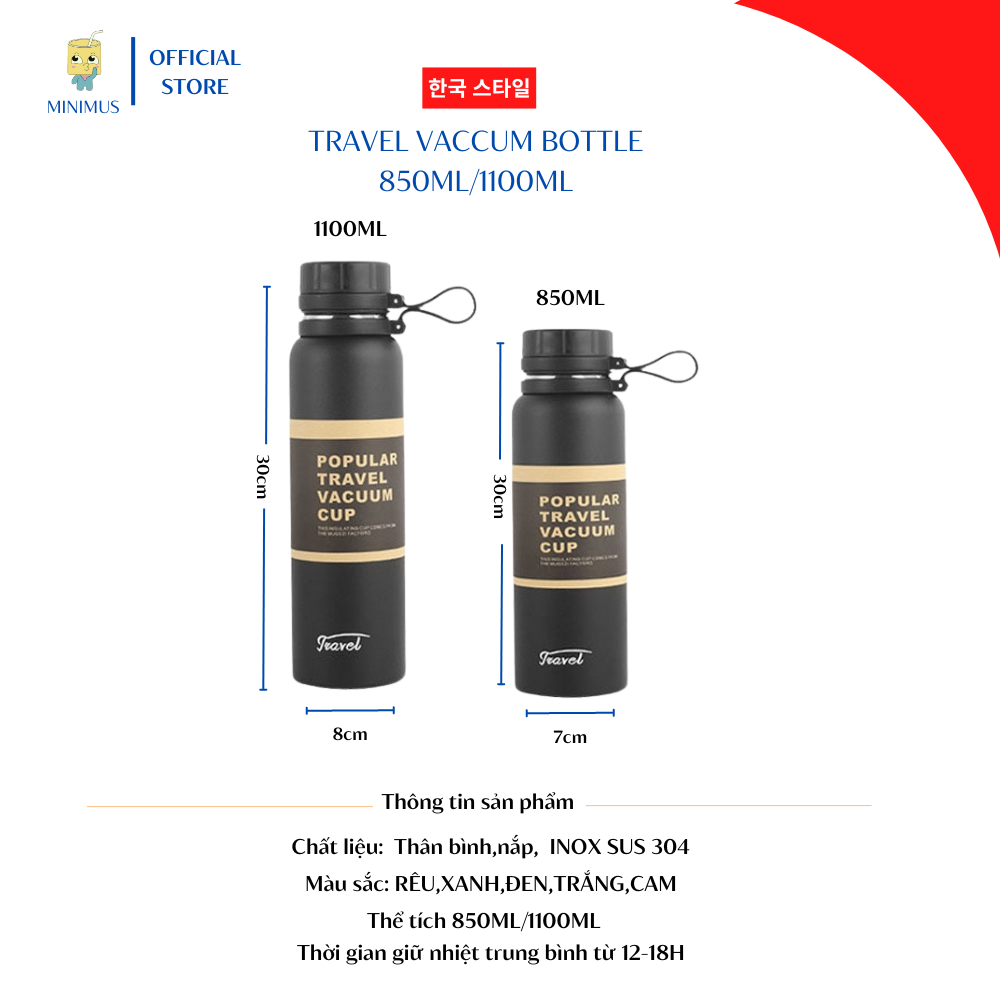 Bình nước giữ nhiệt Travel 850ML/1100ML giữ nóng lạnh trên 18 tiếng, kiểu dáng thể thao cho cả nam và nữ- DRU - Hàng Chính Hãng