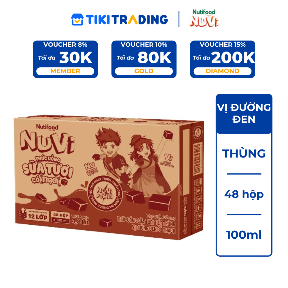 Thùng Sữa Tươi có Thạch vị đường đen Nuvi 100ml (48 Hộp x 100ml) - Phát Triển Chiều Cao, Tăng Cường Trí Nhớ