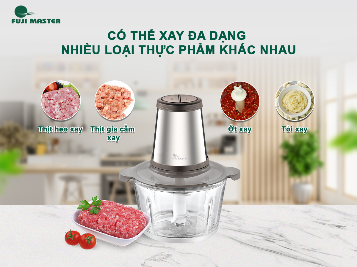 Máy xay thịt thực phẩm đa năng Fuji Master FJM-1022 2L (Inox - Tô Thủy Tinh) - Thép không gỉ - 350W - Hàng chính hãng