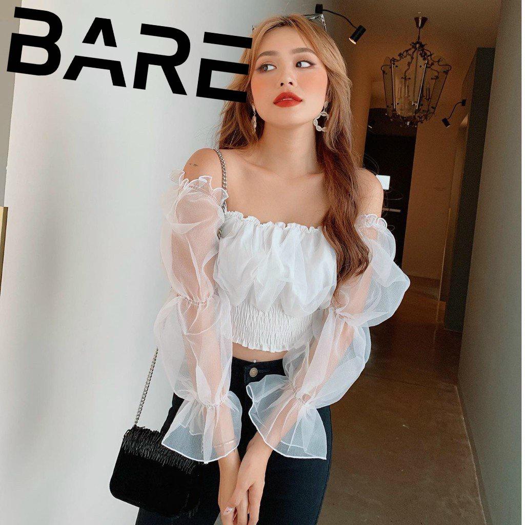 Áo kiểu trễ vai bo eo form ngắn - áo kiểu Hàn quốc phối tay bồng voan kiến dễ thương