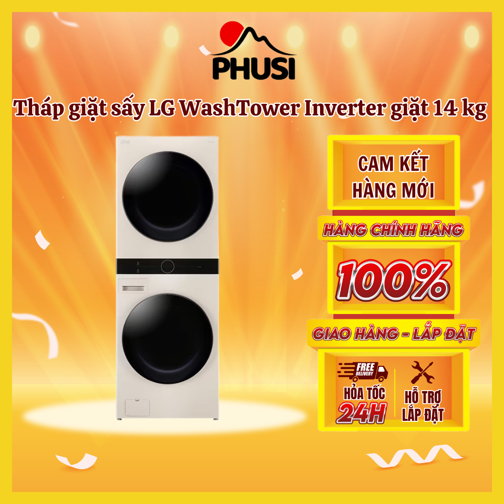 Tháp giặt sấy LG WashTower Inverter giặt 14 kg - sấy 10 kg WT1410NHE - Hàng Chính Hãng - Giao HCM