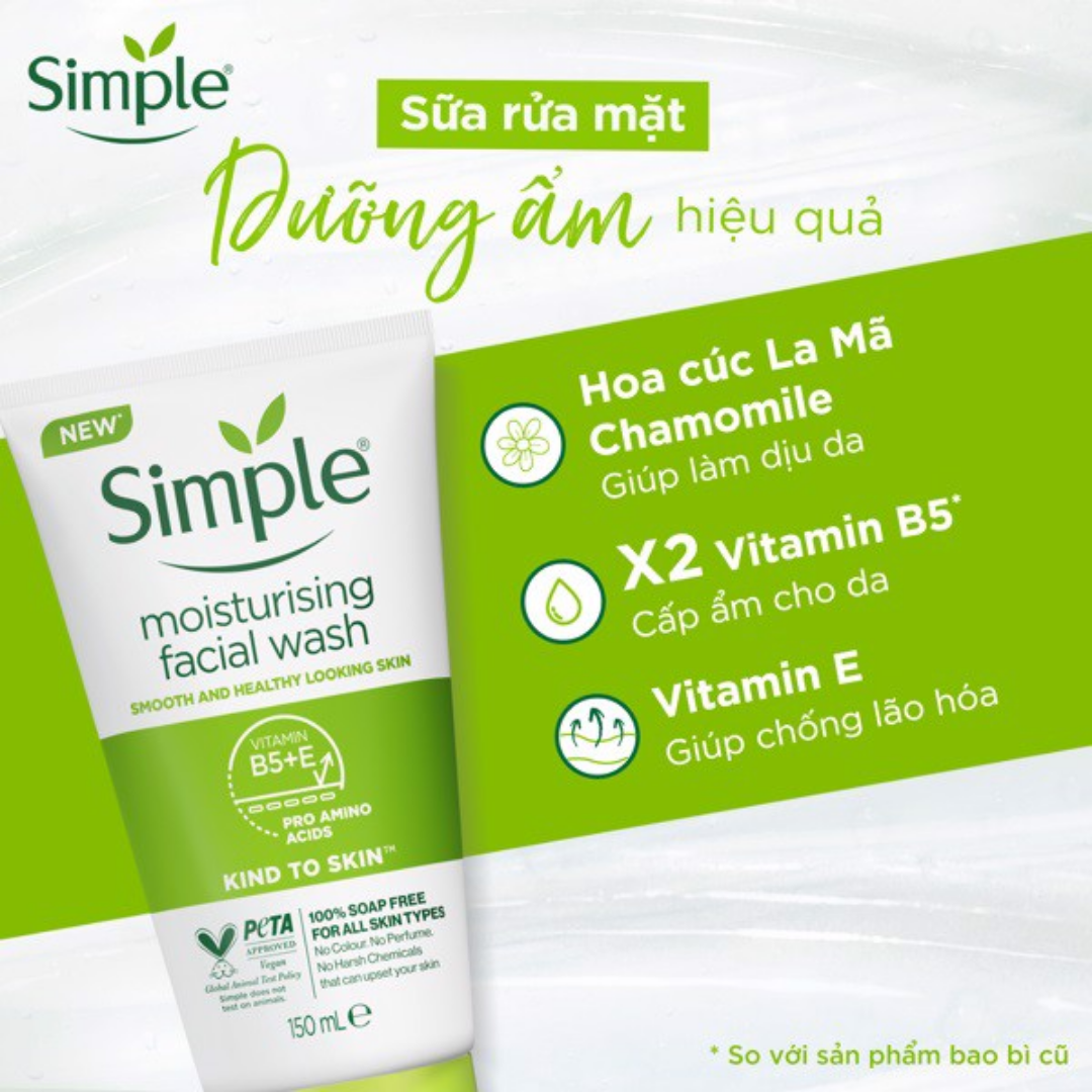 Sữa Rửa Mặt Simple Moisturising Facial Wash - Sữa rửa mặt Simple sạch sâu hiệu quả - cho da thường 150ml