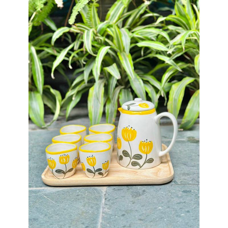 Bộ bình nước bình trà gốm Bát tràng hoạ tiết dễ thương hình hoa, dưa hấu - Bình 1 lít + cốc 180ml - Gốm sứ Bát tràng