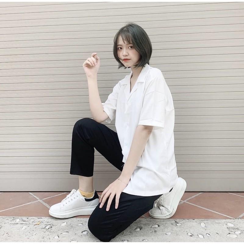 Áo Sơ Mi Trắng Đen Ngắn Tay Cổ Vest Vải Lụa Nam Nữ Unisex
