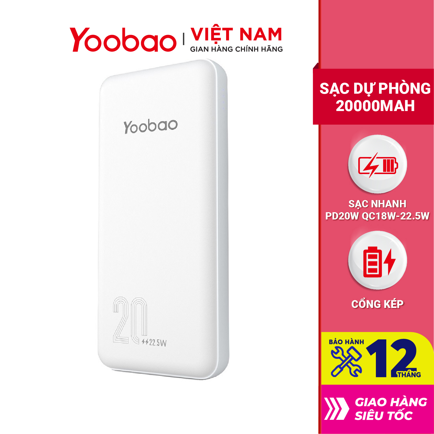 Pin sạc dự phòng 20000mAh D20Q Yoobao PD 20 Sạc nhanh công suất 22,5W- Dùng cho Iphone 11,12, Huawei - Hàng chính hãng