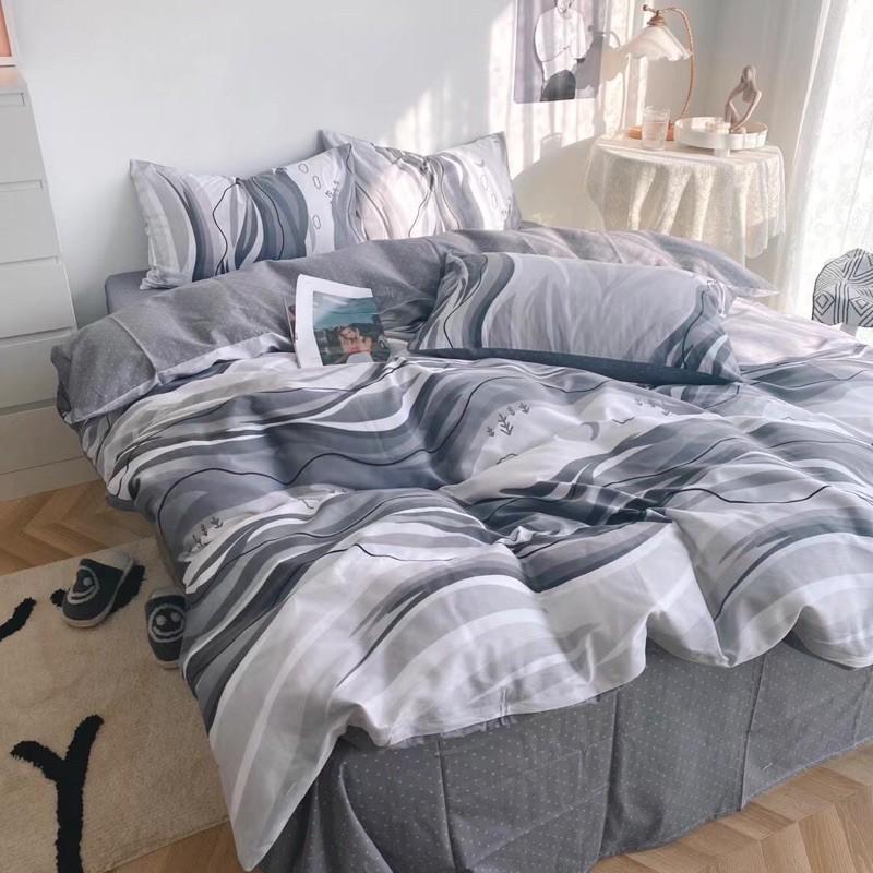 Set Cotton Living Hàng Nhập Khẩu Cao Cấp 4 Món Kẻ Xanh Xám Sóng Nước