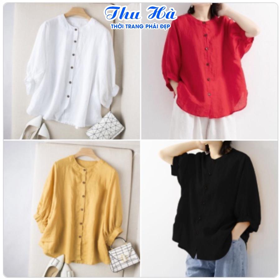 Áo sơ mi đũi nữ tay lỡ cổ tròn Thu Hà form rộng bigsize che khuyết điểm mặc đi làm đi chơi đều phù hợp SMH.34