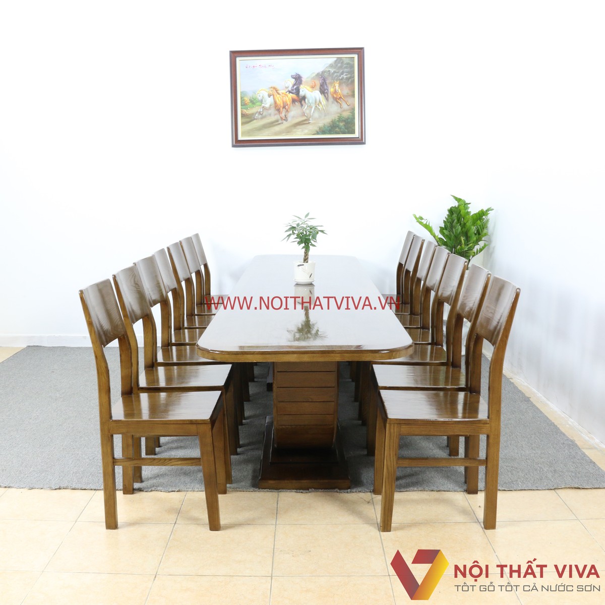 Bộ Bàn Ăn 14 Ghế Gỗ Sồi Nga Sơn Màu Óc Chó Sang Trọng Tinh Tế