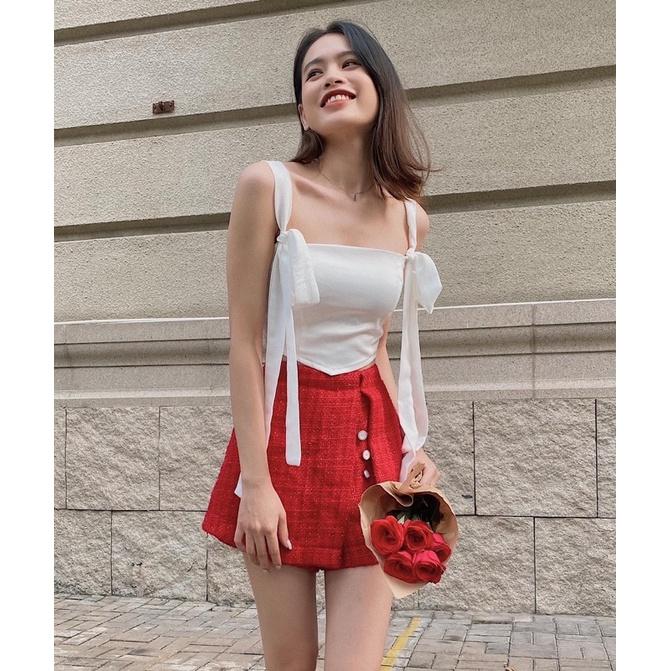 Áo hai dây croptop cột nơ ôm body REVERCLOTHINGS lụa trắng Zanni Top