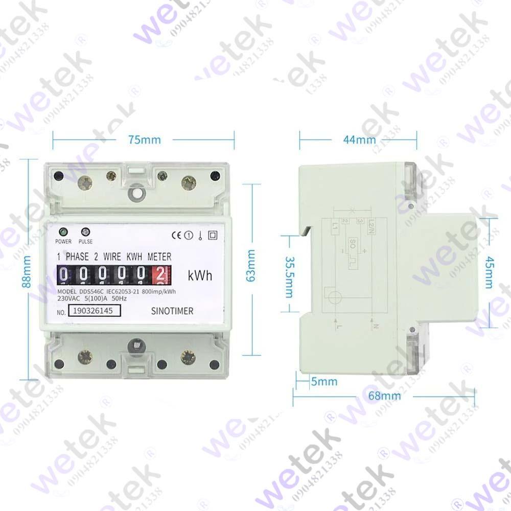 Công tơ 1 pha Sinotimer DDS546C hiển thị cơ 99999.9kWh 230Vac 5(100)A cài DIN nhỏ gọn (an toàn, không cho reset)