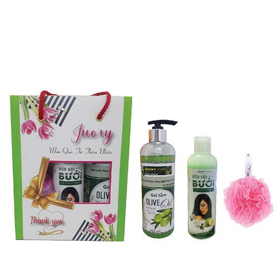 Hộp Quà tặng Combo Dầu Gội Bưởi Lucky Star 250ml + Sữa tắm Olive Lucky Star 500ml + Bông tắm