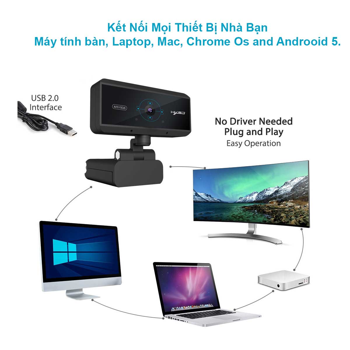 Webcam HXSJ S90 HD 720P  USB3.0 2.0 Có Thể Điều Chỉnh 360° Kèm Mic Cho Cuộc Gọi Video - Hàng Chính Hãng