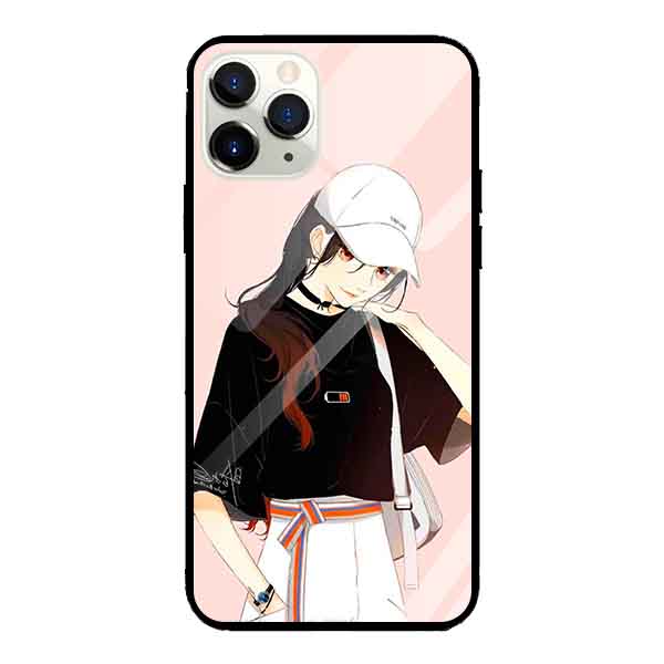 Ốp lưng kính cường lực cho iPhone 11 Pro Nền Cô Gái Áo Đen Nón Trắng - Hàng Chính Hãng